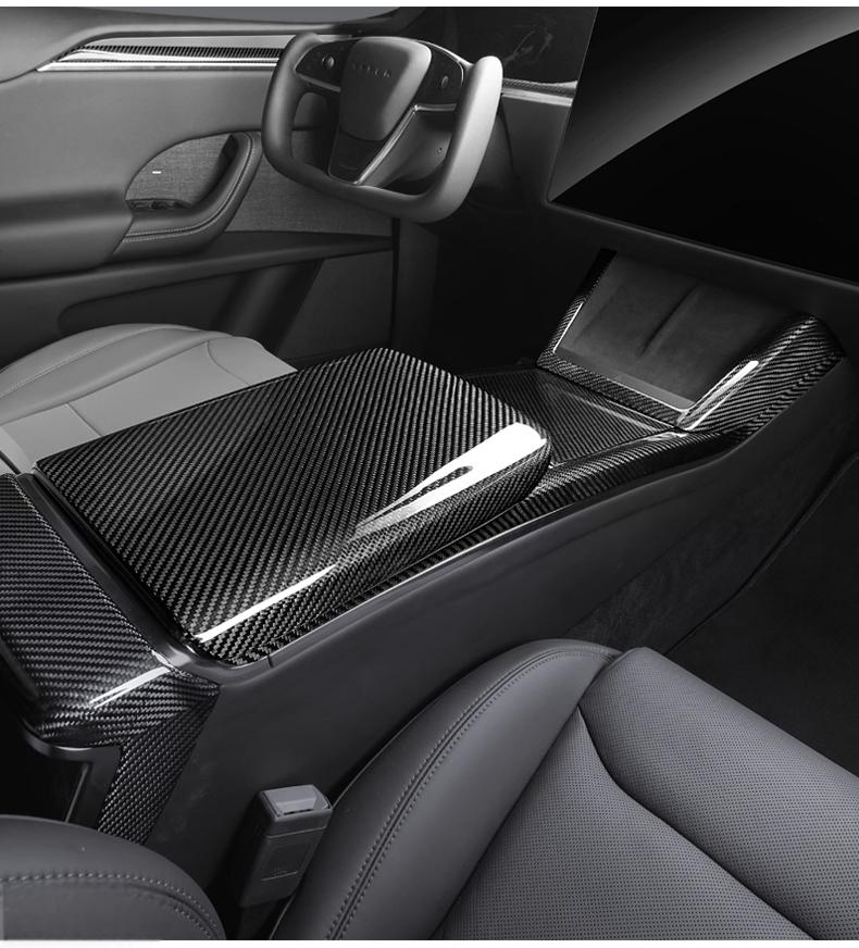 Dry Carbon Fiber Armrest Box Overlay for Model S/X 2021+ - Tesevo