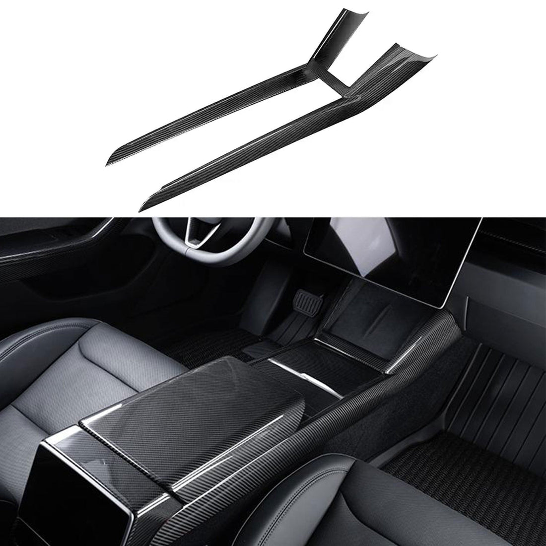 Real Dry Carbon Fiber Center Console Combo Side Panel & Charging Pad Overlay for Model 3 Highland & New Model Y - Tesevo