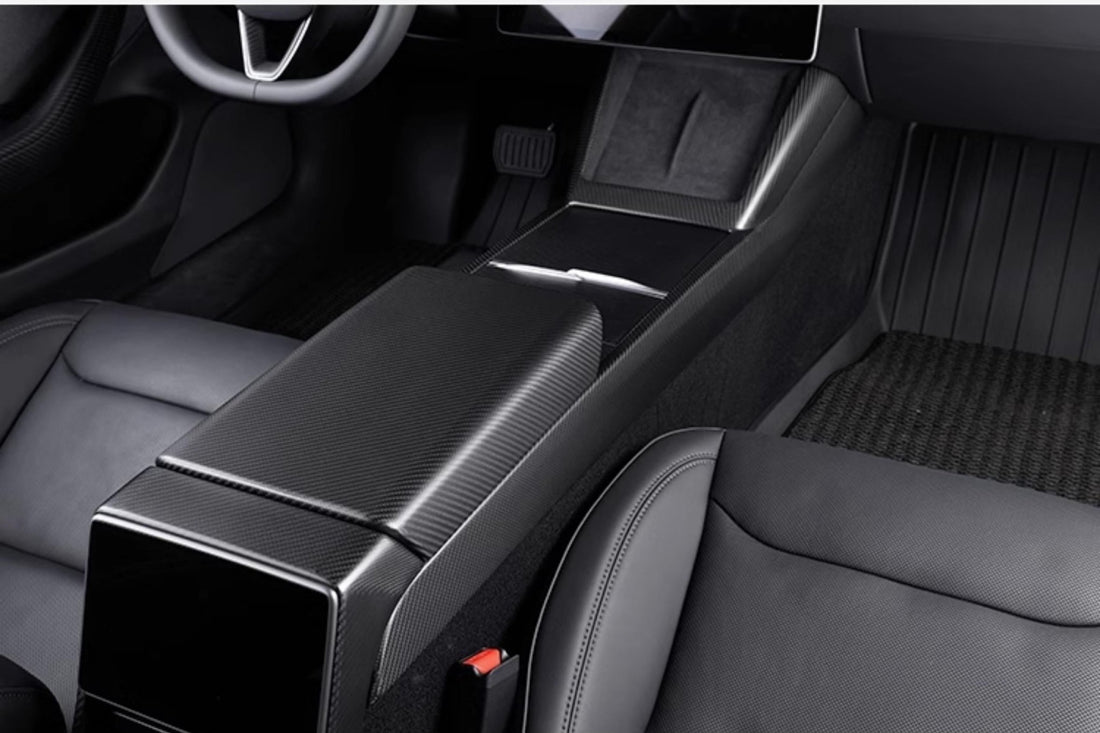 Real Dry Carbon Fiber Center Console Combo Side Panel & Charging Pad Overlay for Model 3 Highland & New Model Y - Tesevo